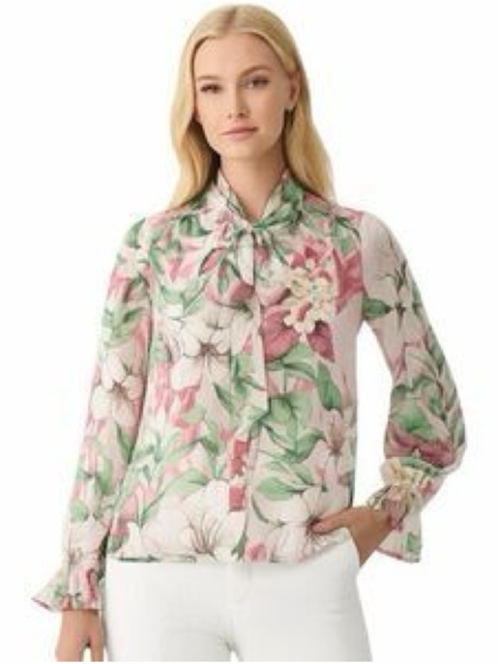 White House Black Market Pastel Floral Tie-Neck Blouse - Pink & Green